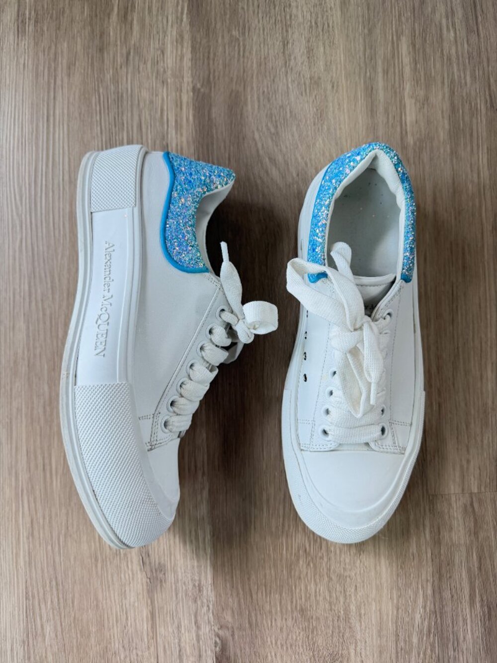 Alexander McQueen Deck Plimsoll Sneakers White Leather Glitter US 8.5 IT 39